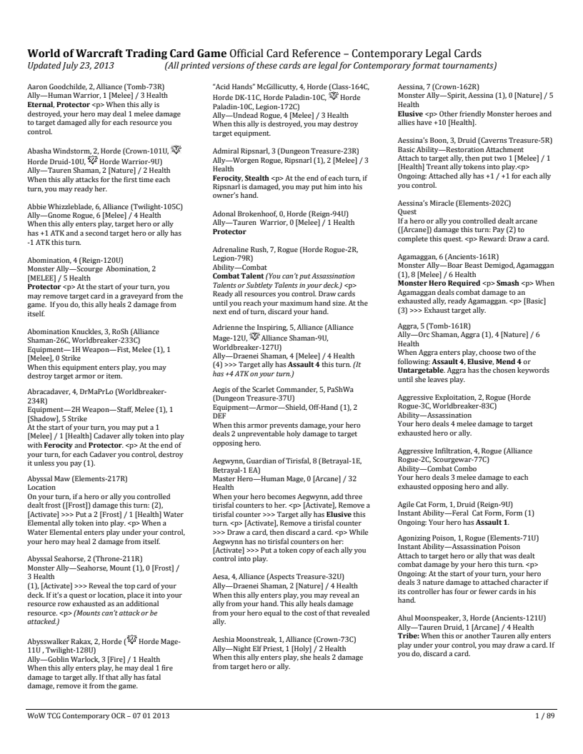 Contemporary Card Reference